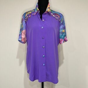 Vintage Purple Oversized Blouse with Rainbow Neckline and Stone/Bead Details